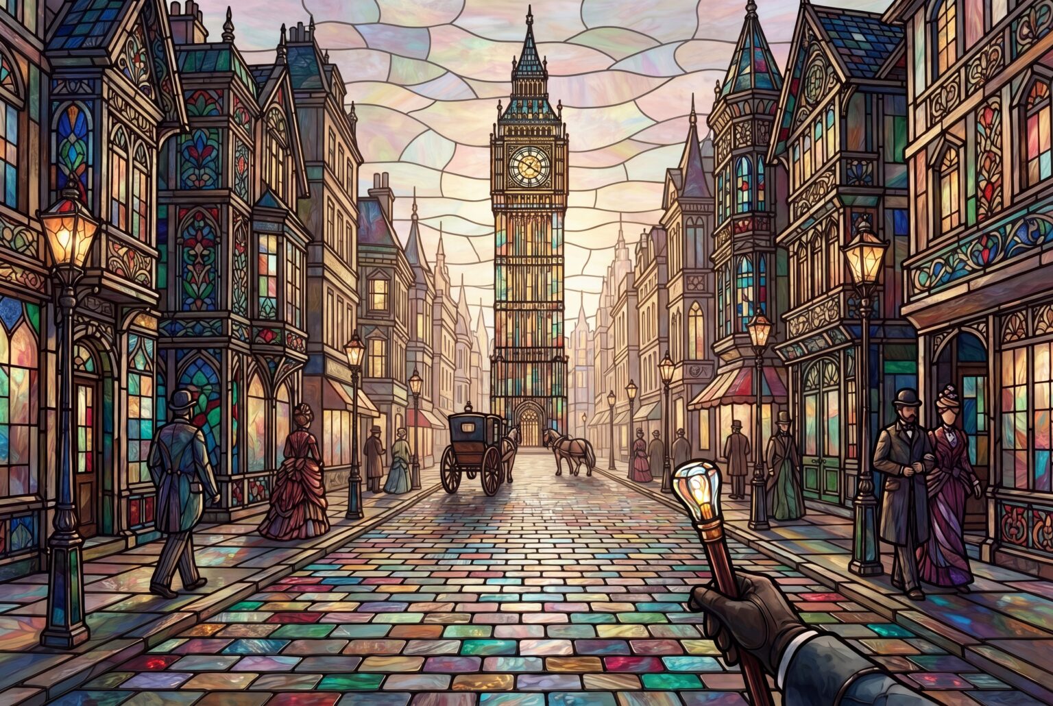 The Glasslands — a boulevard of stained-glass facades under a leaded pearl sky, the great clock tower glowing gold