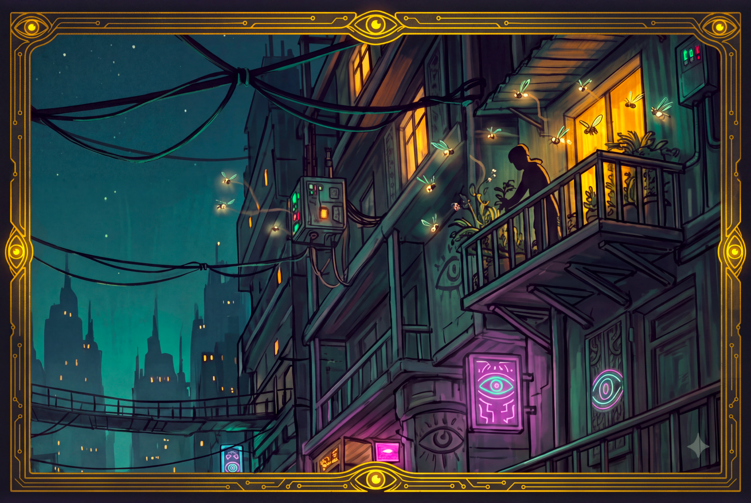 The Glimmerward — glowflies and a blinking signal-box lighting a wired alley, the city framed in circuit-gold eyes