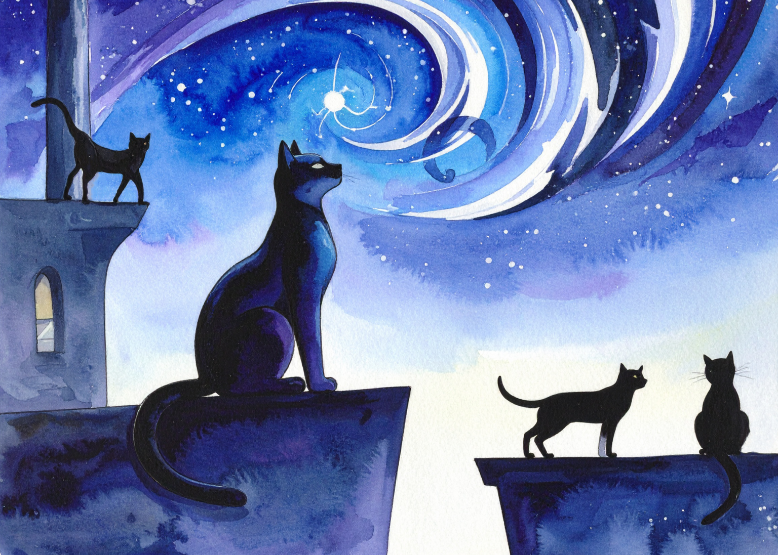 The Curious Cat Menagerie — two black cats watching a spiral galaxy wheel across a watercolor night sky