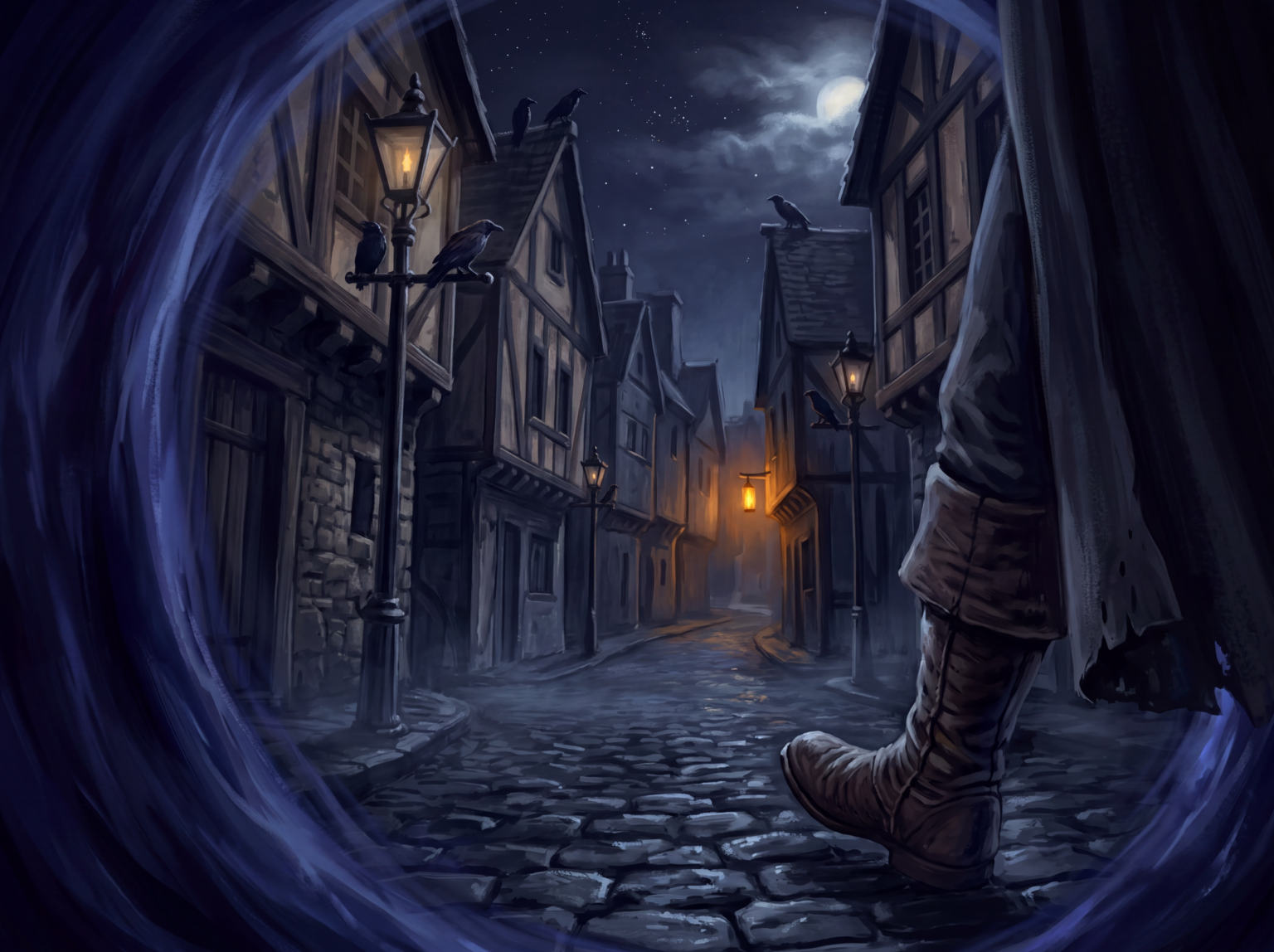 The Nocturne — a lamplit half-timbered street at night, ravens keeping watch from lamppost and rooftop, the vortex swirling at the lane’s edge