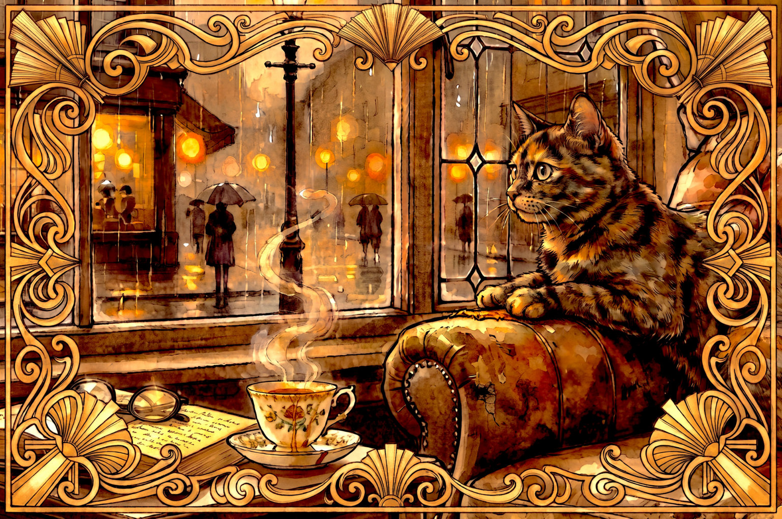 The Tea Reaches — a rainy lamplit street of umbrellas and warm windows, seen through a café window’s gilded frame, tea-steam rising