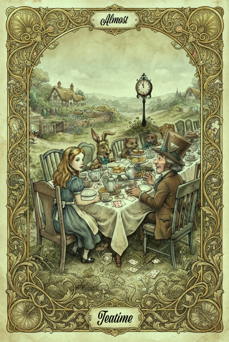 The Unbirthday — the long table mid-tea-party: Alice, the March Hare, and the Hatter beneath a clock stuck at almost, cottages in the hills beyond