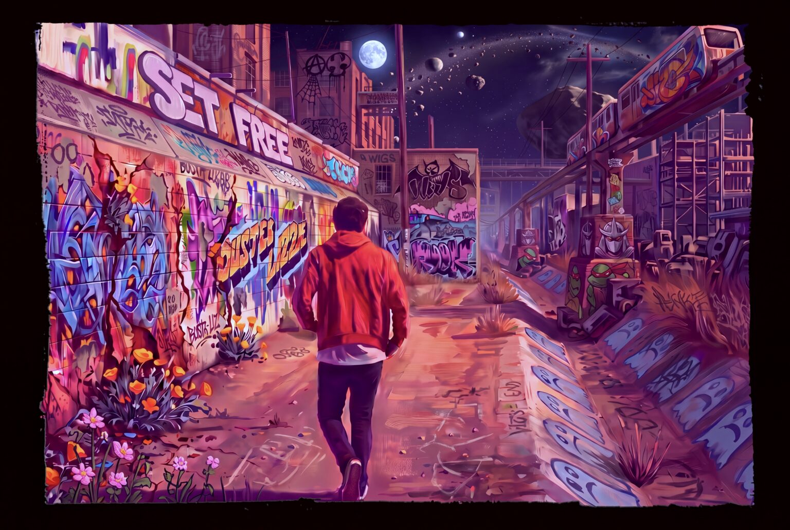Wallspeak — a traveler walking the graffiti alley under a full moon, SET FREE painted overhead